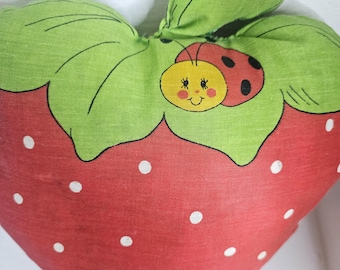 Vintage 1980s Strawberry Shortcake strawberry ladybug cushion polka dot red green handmade soft toy cut and sew TLC decor