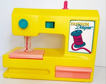 Vintage 1990s Lanard Fashion Designer Toy Sewing Machine Sunshine Yellow battery Powered Original Box Craft Studio Decor