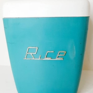 Vintage turquesa Nally Ware bote de arroz plástico australiano cocina almacenamiento kitsch mediados de siglo tapa blanca 1950s líneas curvas