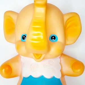 Vintage squeak toy elephant Toy large Peachy pink with Bib Kitsch nursery decor collectable baby shower made in Japan
