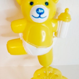 Vintage Baby Rattle Sunshine Yellow Teddy Bear pram toy Kitsch Nursery Decor baby shower decorative handle Nappy Bottle