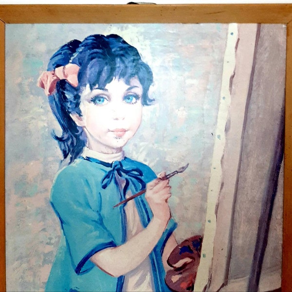 vintage Art print Big Eyes Girl 1960s Kitsch décor de chambre d’enfant Cadre en bois queue de cheval noir peinture de cheveux Frederico Artiste