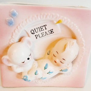 Vintage Kewpie Baby nursery Quiet Please planter Vase Sleeping Teddy pastel pink blue Made in Japan Kitsch Nursery Decor