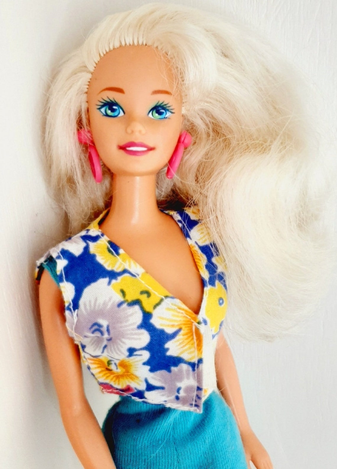 Barbie Ruffle Fun Vintage Mattel Ruffle Fun Barbie Big Pink Hoop Earrings Floral Vest ...