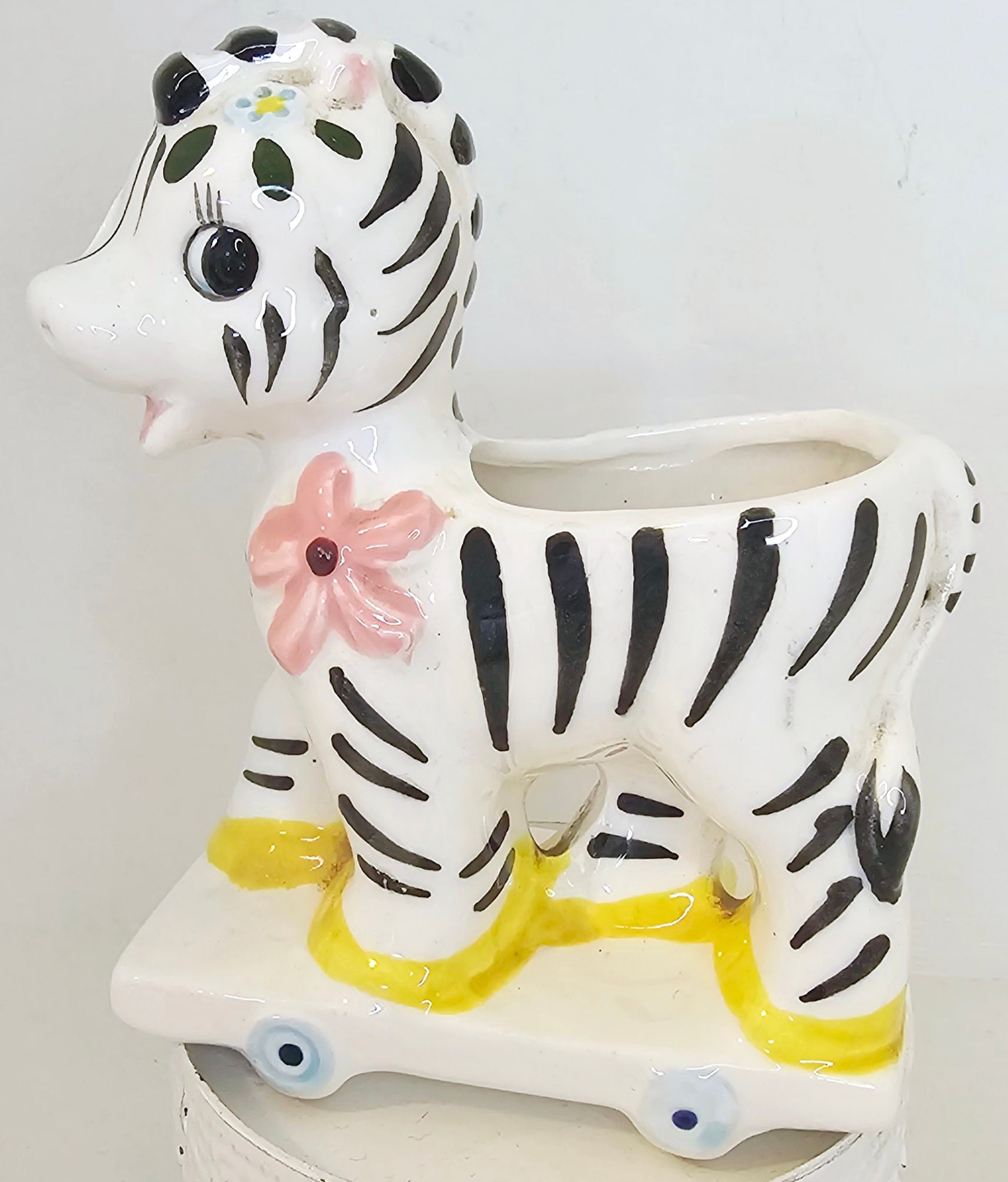 Vintage Kitsch Zebra Nursery Planter Bonnet Ceramic Nursery Decor
