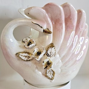 Vintage Swan pearlescent planter Vase Lustreware  Pink Flowers Kitsch pastel decor made in Japan