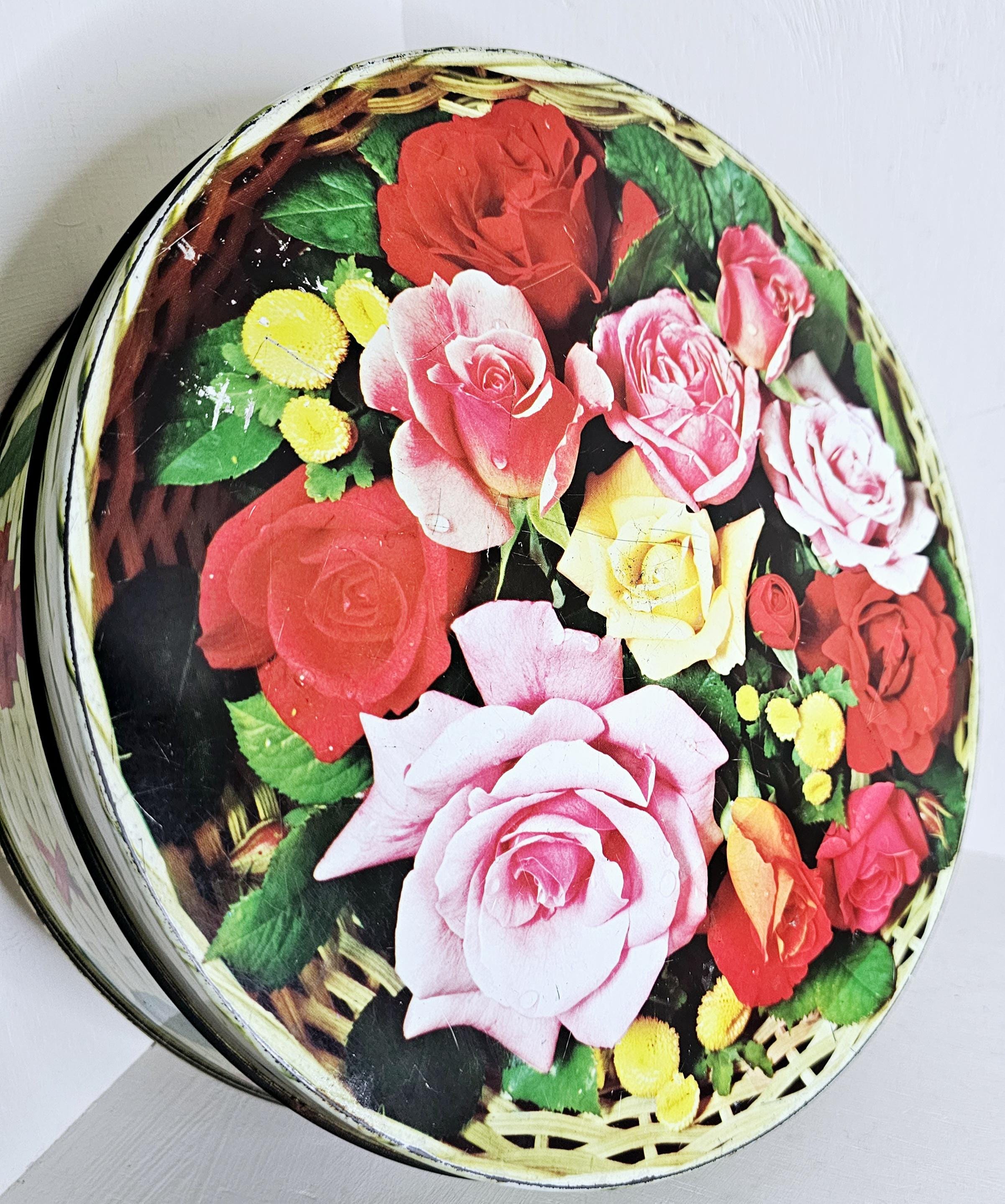 Peek Frean and Co Round Biscuit Tin Rose Flower Basket 1960s Decor