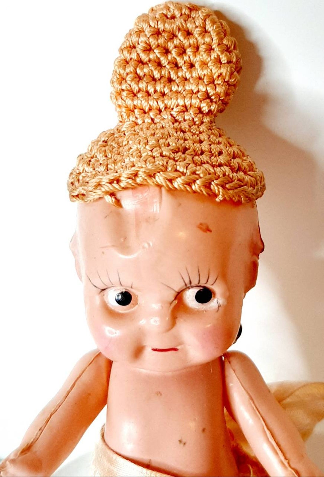 Vintage Celluloid Kewpie Doll Dressed Bizarre Hand Made Crochet Hat Green Wings Made in Japan