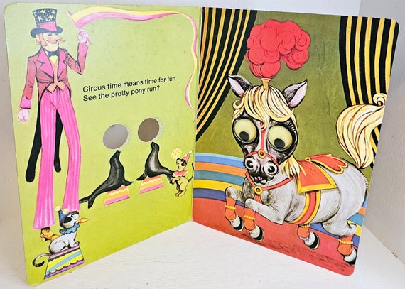 Vintage 1960s Circus Animals Board Book Googly Eyes Glow in the
