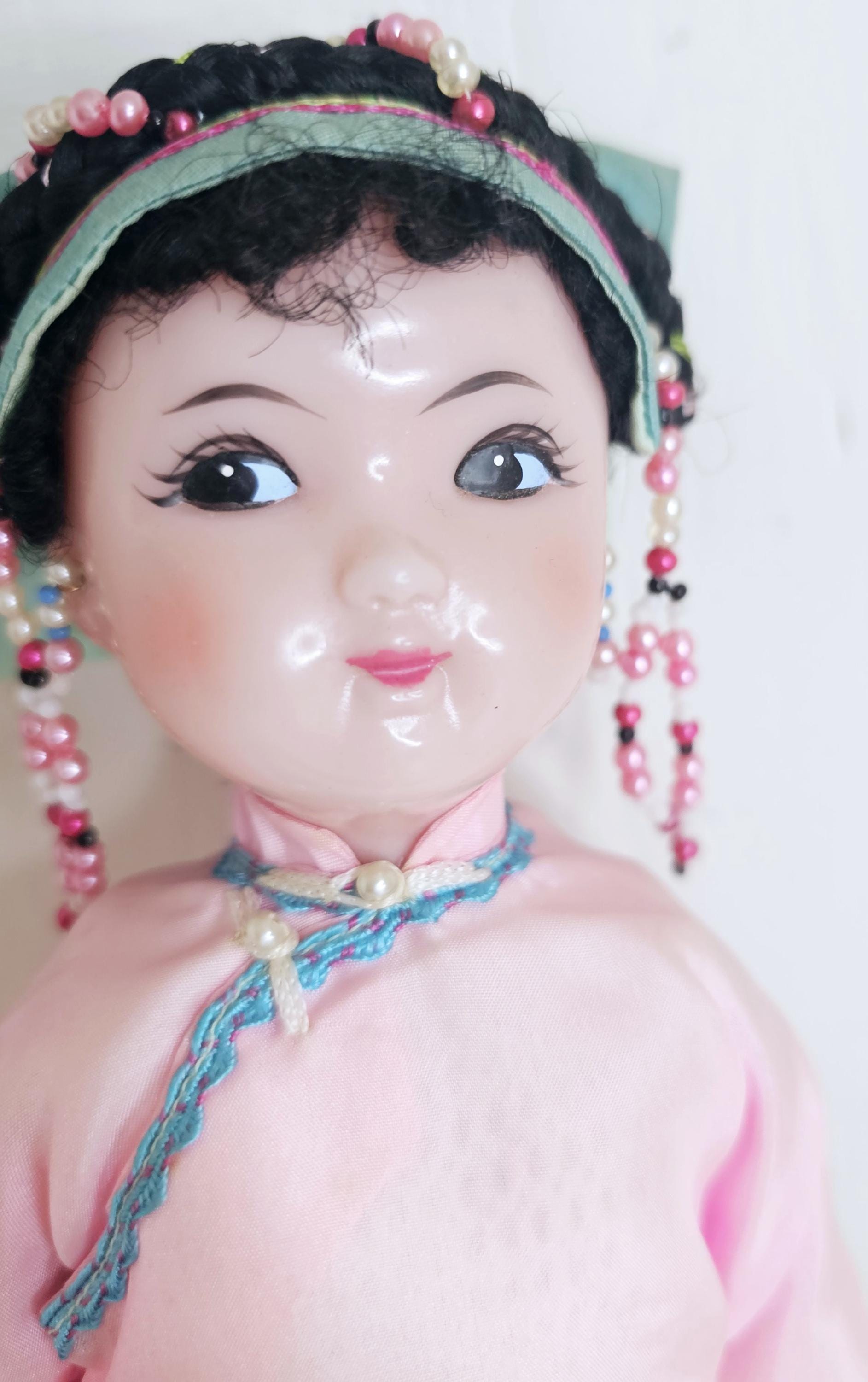 Vintage Chinese Doll braids hair ornaments  character doll pink silk outfit shoes tourist kitsch souvenir doll