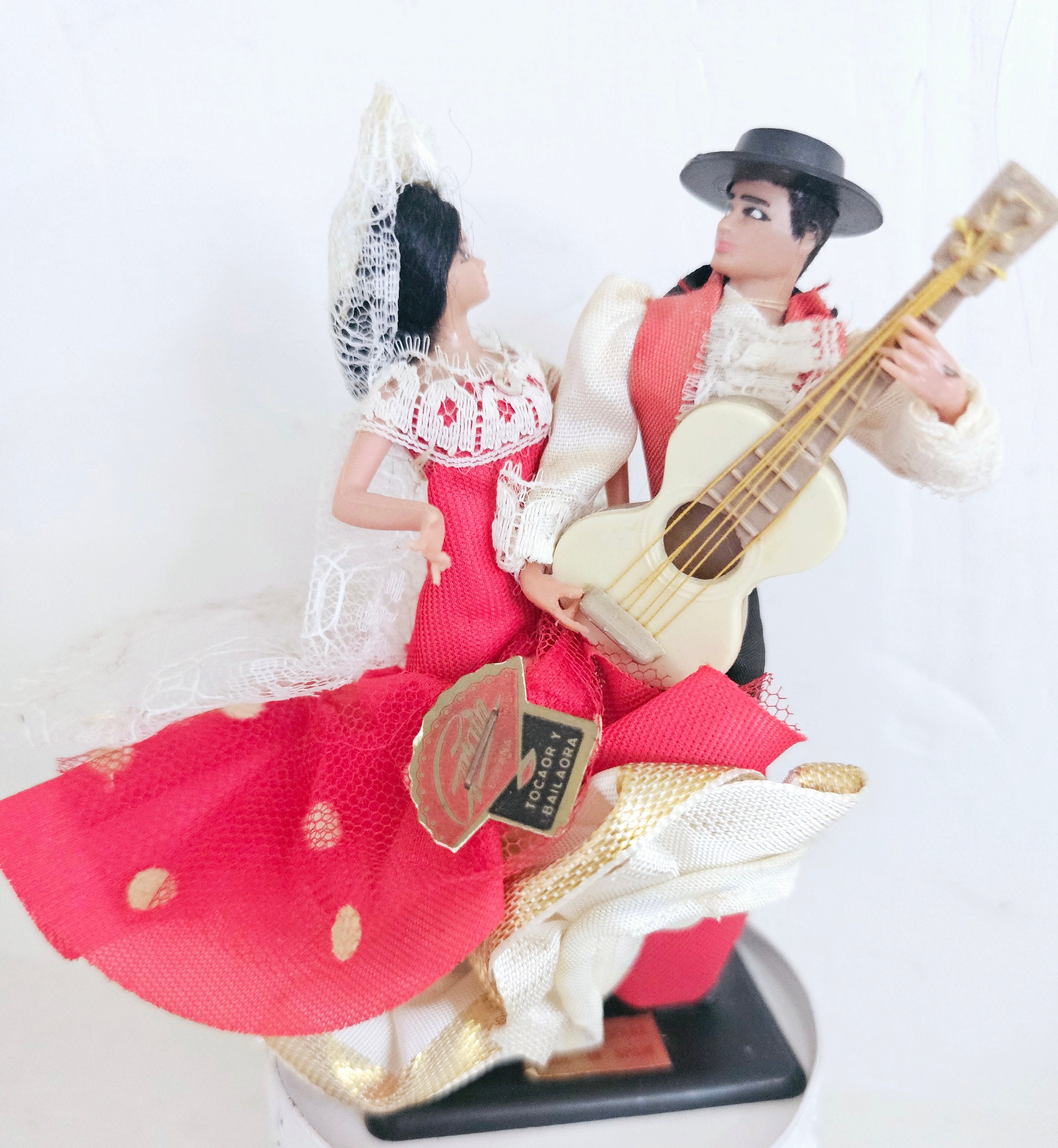 Vintage 1960s Spanish Flamenco dancer couple man and woman Red dress ruffled lace Guitar souvenir tourist kitsch dolls on stand