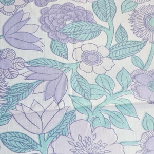 Vintage Floral flat sheet All Cotton Bedding fabric Pastel purple aqua pink sewing supply retro Flower Power cottage core 1970s