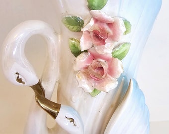 Vintage Kitsch Tall Swan Rose Floral Pink Lustreware Planter pearlescent Vase Slender decor pastel Blue Pink Sculpted Roses Made in Japan