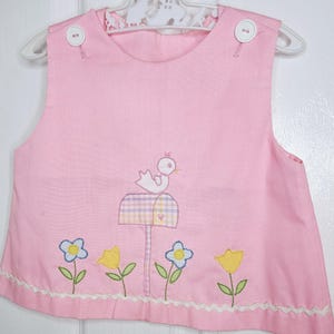 Vintage Baby dress bubblegum pink applique bird flower buttons pinafore 6 months to 1 year handmade 1960s pastel gingham ricrac trim