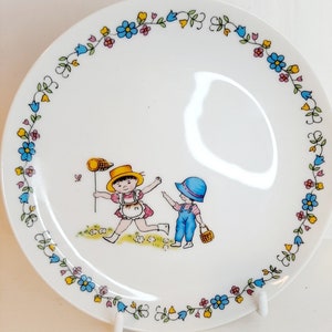 Vintage Blumen Kuchen Seite Brot und Butter Teller Cartoon Kinder Illustration glasiertes Porzellan Made in Japan