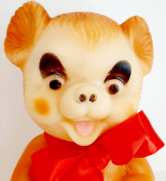 Rubber Squeak Toy Teddy Bear Red Bow Circus Bear Nursery Kitsch