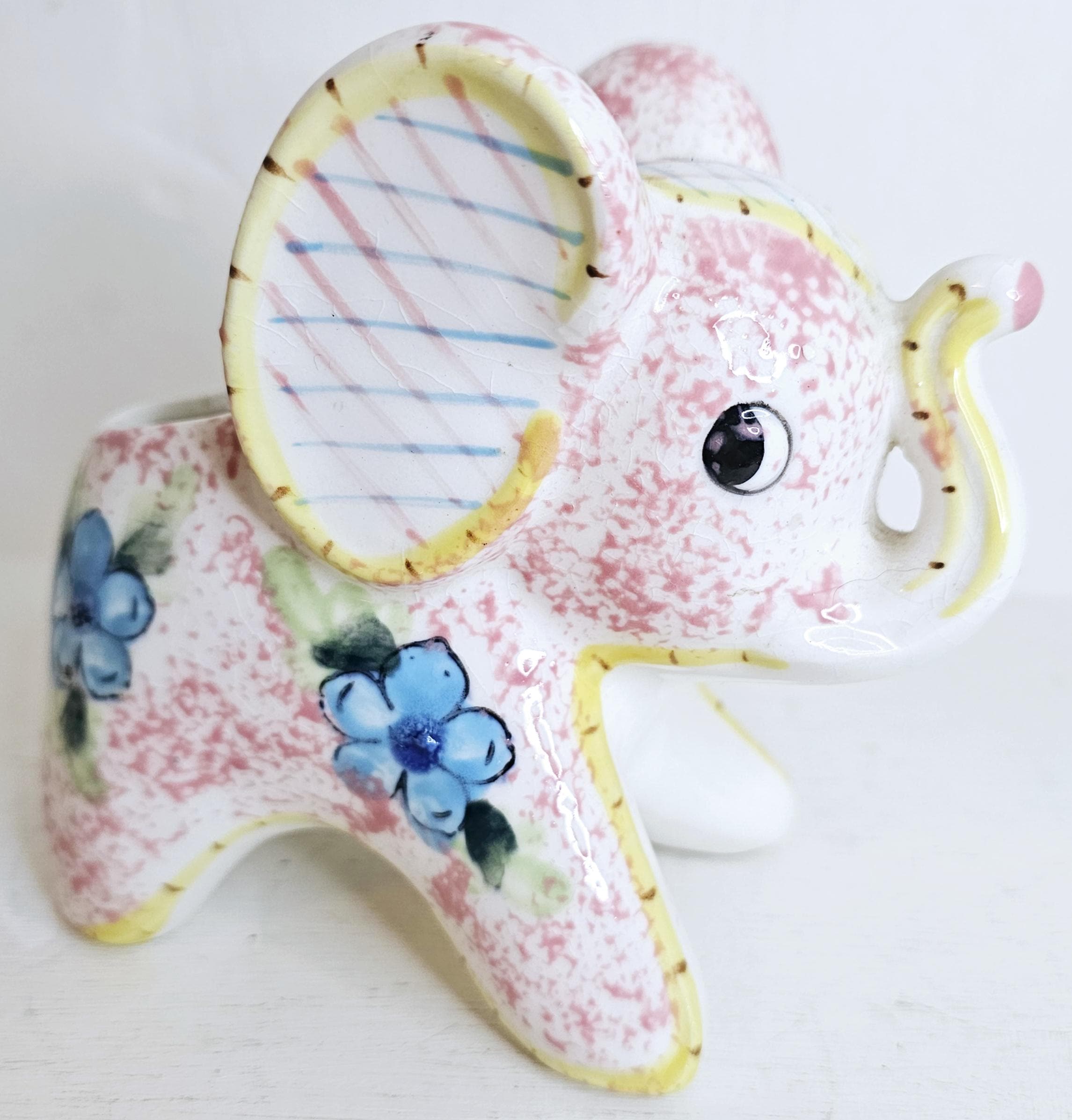 Vintage Kitsch Nursery planter pastel Elephant pink yellow blue floral porcelain ceramic Storage nursery decor baby shower Made in Japan