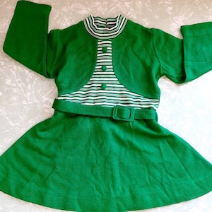 Vintage Girls size 6 Winter Dress Forest Green Stripes Long sleeve Flared Skirt Sweet Georgia 1960s buttons Stretch Christmas Dress