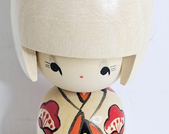 Vintage Japanese Wooden Kokeshi doll handpainted red black Blossom kimono souvenir kitsch nursery decor ornament
