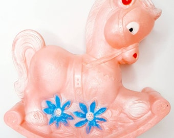 Super kitsch vintage pastel Pink pearlescent plastic Rocking Horse doll nursery decor baby shower Nursery Kitsch  musical roly poly daisy
