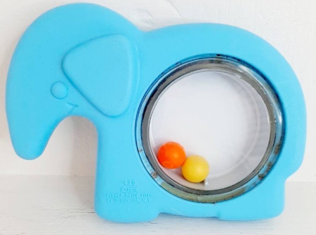Vintage 1976 Fisher Price Elephant Rattle Pastel Blue Plastic Pram Cot