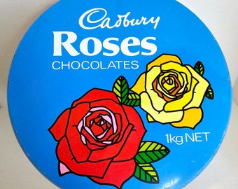 Vintage kitsch Cadbury Roses tin chocolates tin Graphic floral decor 1960s candy lolly storage Tasmania Australian made