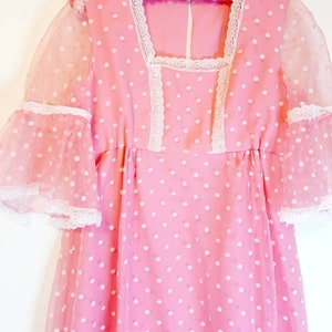 Pastel Pink Floral polka dot Maxi Dress empire line formal Ruffle sleeves lace ribbon details zipper back vintage