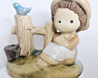 Vintage Kitsch GEMPO Ceramic Little girl with blue bird fence terracotta Clay statue figurine incense holder decor Made in Japan