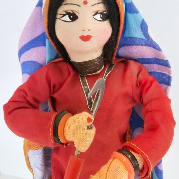 Vintage 1960s Indian Bollywood Actress Nutan doll figurine hand painted souvenir kitsch Goddess character costume Scythe bundle of wood Sari