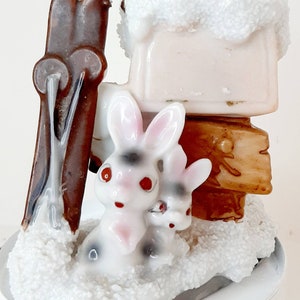 Snow Bunny Candied Rabbit ceramic figurines Family Chalet Lefton Style Ski Lodge Japan 1960s Kitsch Vintage ornament