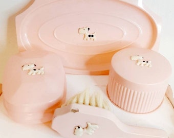 Vintage Baby Pink Nursery Grooming gift set in original Box Celluloid Scottie Dog Brush Tray Soap Canister Kitsch Nursery  decor Midcentury