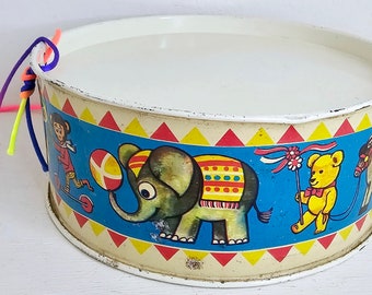 Vintage Tin Litho Enamel Drum Toy kitsch Nursery Decor Circus Animal graphics Musical instrument Made in Germany GDR