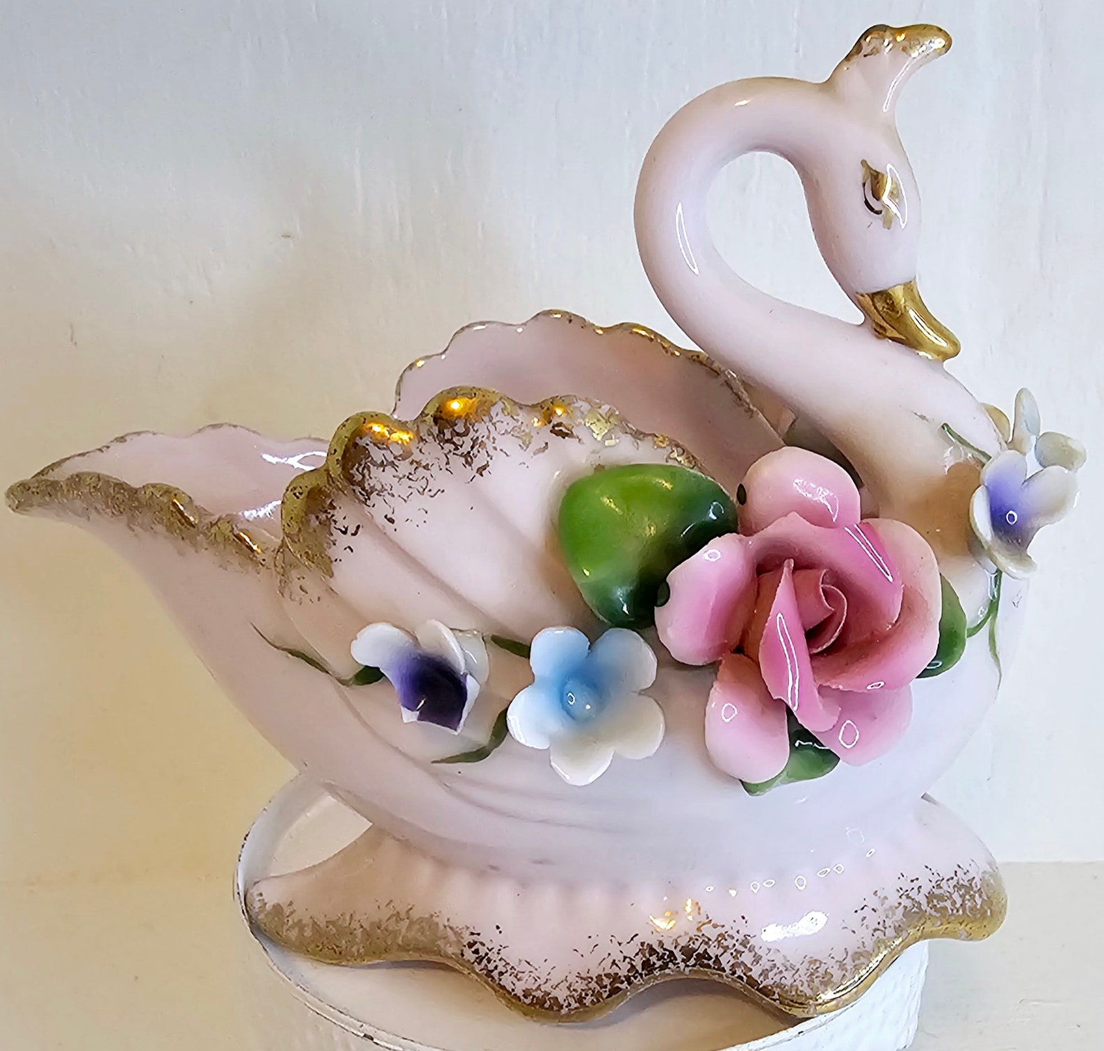 Vintage Kitsch Pink Swan Floral Rose Miniature Planter Jewelry Holder ...