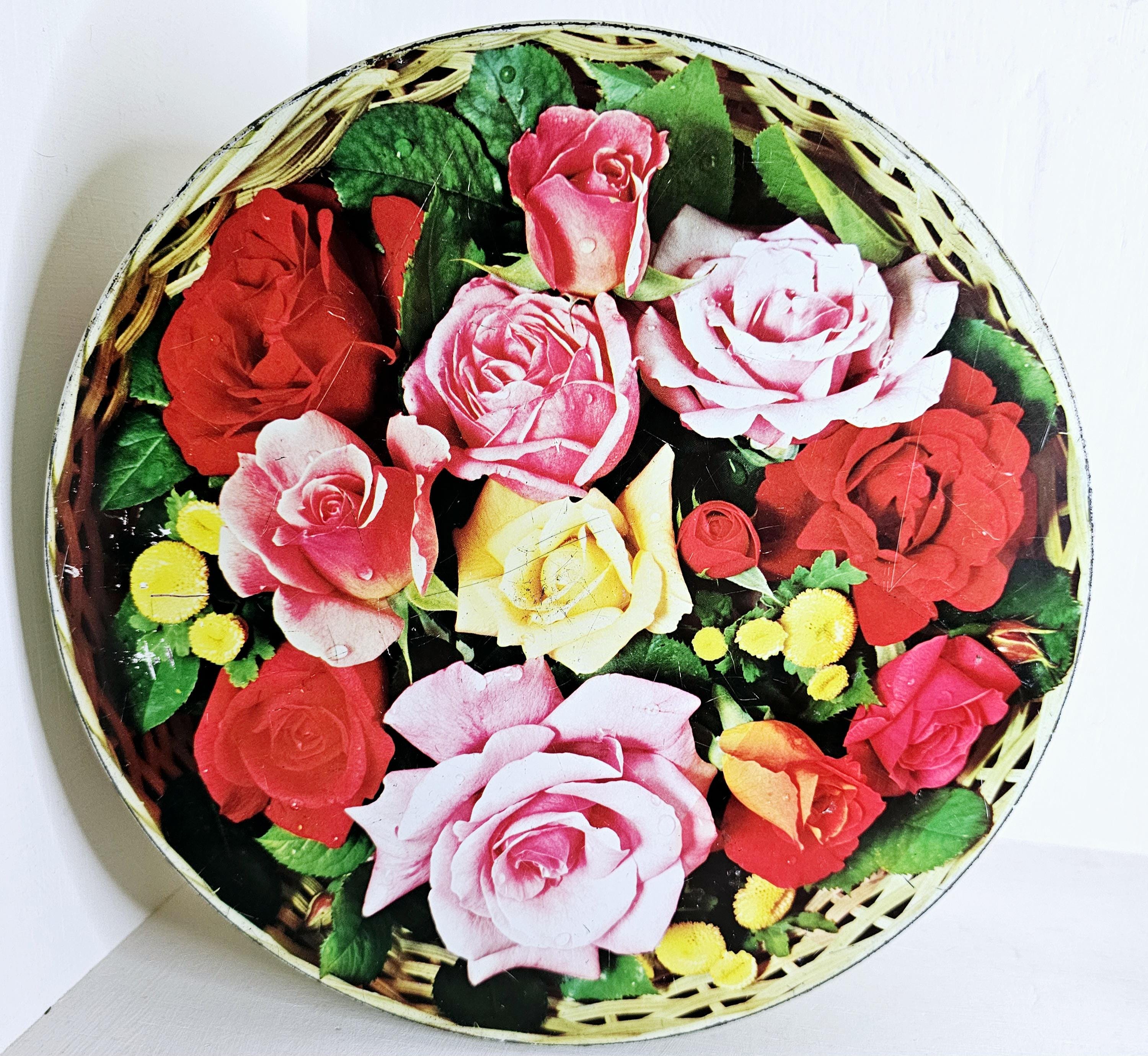 Peek Frean and Co Round Biscuit Tin Rose Flower Basket 1960s Decor