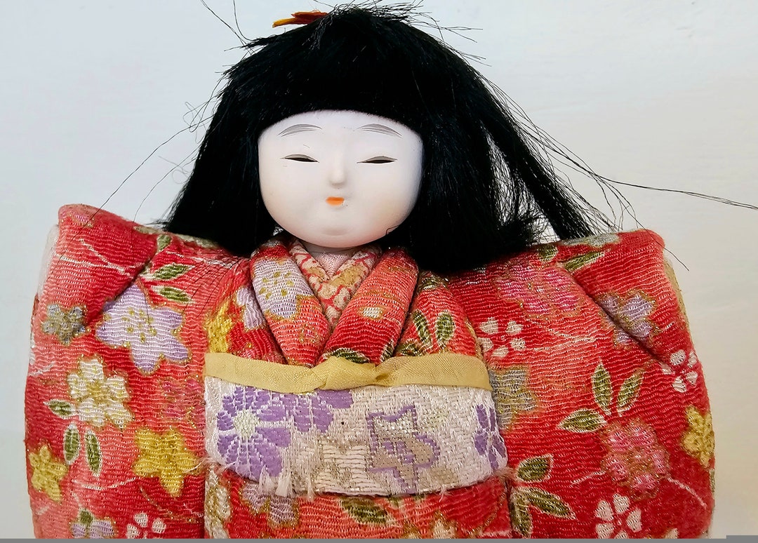 Vintage Japanese Kimekomi Doll Dressed Traditional Red Silk Kimono