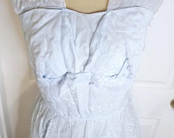 Vintage Womens Party Dress Powder Blue flocked handmade satin lined Rockabilly Pin Up Fairy Kei Lolita Sweetheart neckline