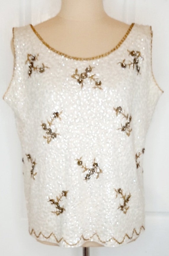 Vintage 1960s Cream beaded wool sweater vest top p