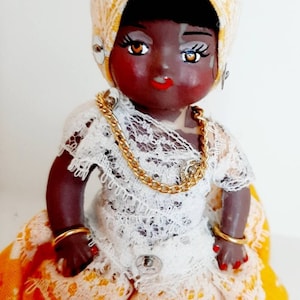 Miniature 1950s Dressed Carnivale Doll Mardi Gras Rio Festival Bangles brown skin ruffled petticoats head scarf Tourist kitsch souvenir doll