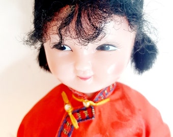 Vintage Chinese doll girl braids tourist souvenir kitsch