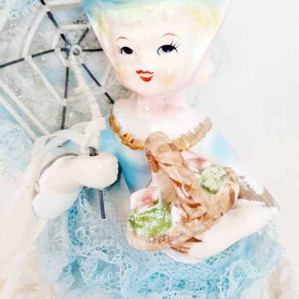 Vintage Large Napco Lefton style Blonde lady Blue Dress Parasol  ruffle lace trim Trinket dish figurine Ornament Kitsch 1950s decor