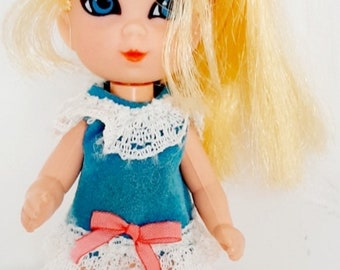 Vintage 1960s Shirley Skediddle Liddle Kiddle blonde hair miniature fashion doll for Blythe original outfit blue velvet dress Mattel 1967