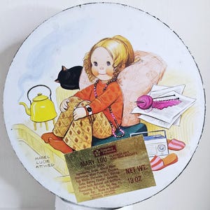 Vintage Mabel Lucie Attwell Huntley Palmer biscuit tin kitsch 1960s decor round metal craft storage lid tea pot cups girl character