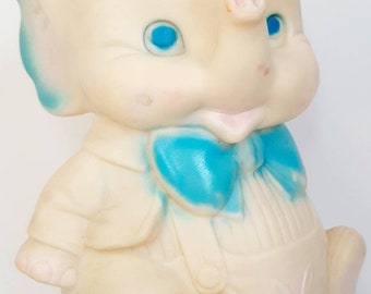 Vintage Mobley squeak toy elephant Baby Overalls Jacket Blue Bowtie Hat nursery decor  Kitsch blow mold rubber toy