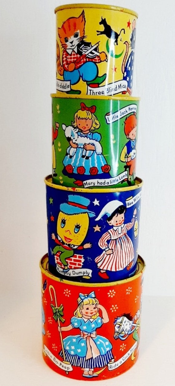 Vintage Stacking Cups Tin Litho Enamel Nursery Rhyme Characters Play Cups Toy Baby Toddler Kitsch Nursery Decor Lot of 4 Etsy