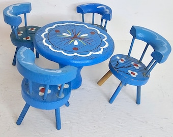 Vintage blue dollhouse furniture wooden hand painted Folk art round table 4 chairs dining setting TLC Repair 1 18 scale