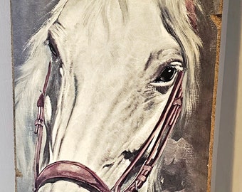 Vintage cheval blanc monté cheval bride crinière Kitsch Cottage Core chambre d'enfant décoration western en bois pays