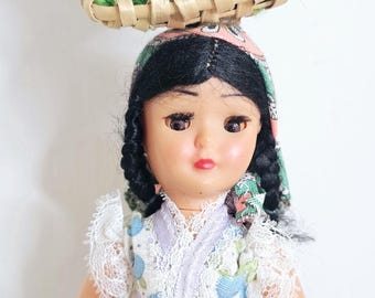 Genuine Vintage 1960s Portugal doll folk dress  head scarf basket chickens tourist kitsch souvenir doll