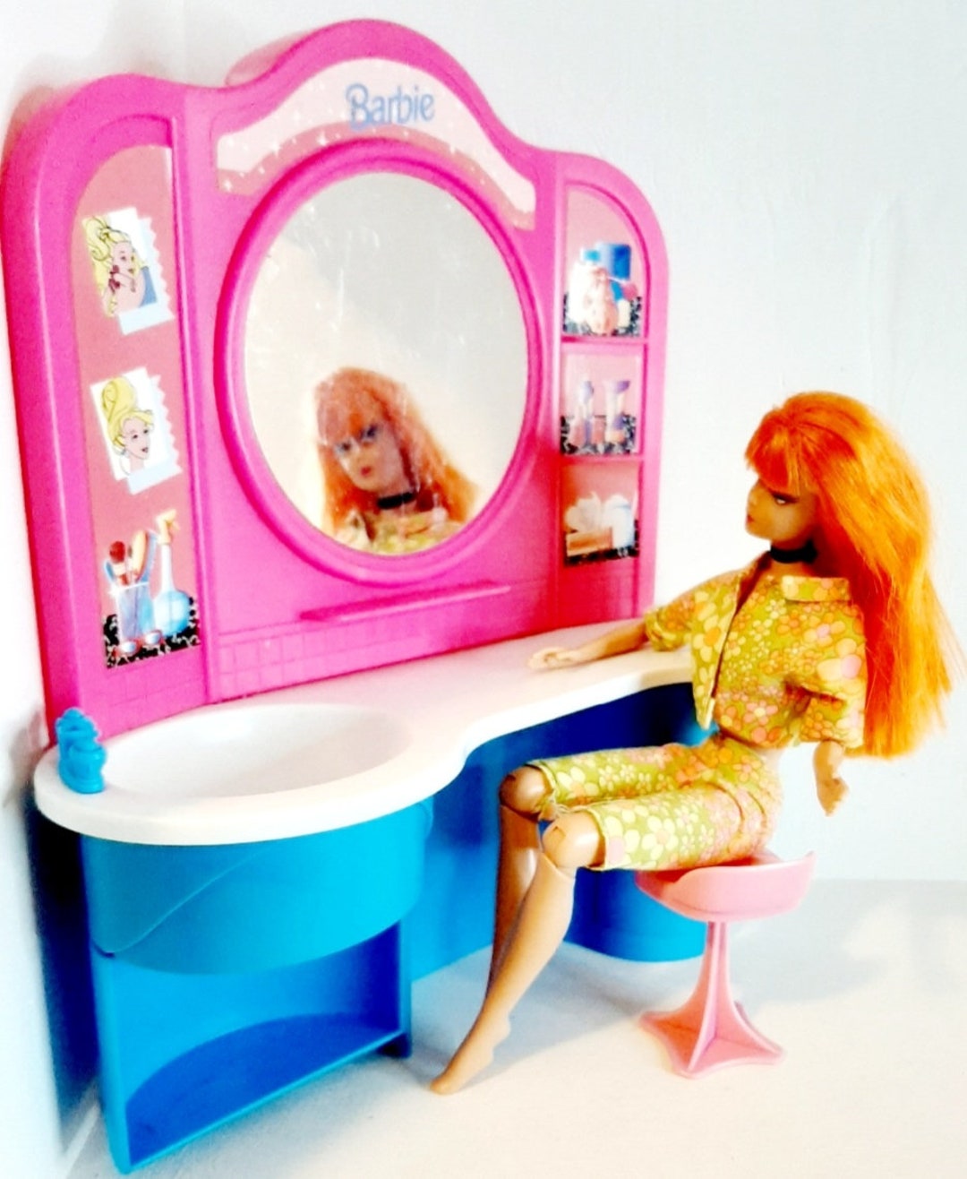 Vintage Barbie Hot Pink Vanity Mattel Hair Salon 1980s Blue White