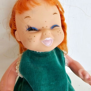 Vintage Kitsch 1960s Redhead Herman Pecker Doll Green Velvet Dress Blue eye shadow Sassy emotions laughing Moody Cutie Doll