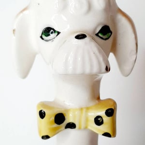 Vintage Lefton style salt shaker Haughty Poodle ceramic seated chestnut and white polka dot bowtie Kitsch decor long neck Poodle figurine